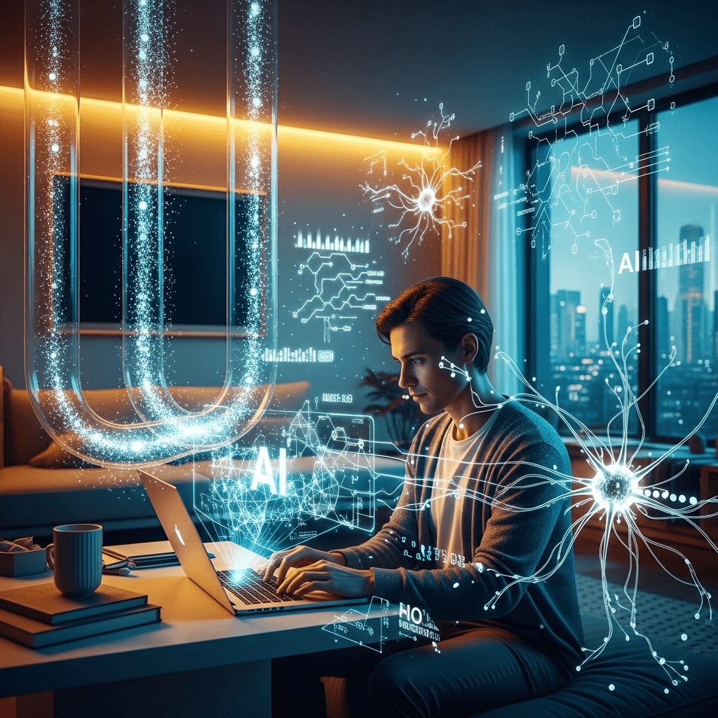 Banner image for: A vibrant, futuristic image depicting a person working on a laptop at home, surrounded by abstract AI-related visualizations (neural networks, data streams, glowing algorithms). The