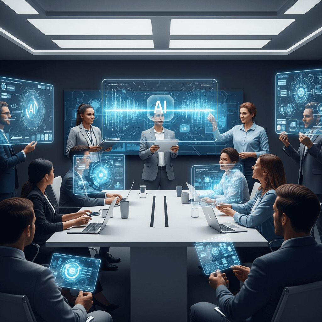Banner image for: Futuristic conference room with diverse startup founders presenting their ideas on sleek, holographic screens, some displaying dynamic AI-generated video content. Emphasize innovatio