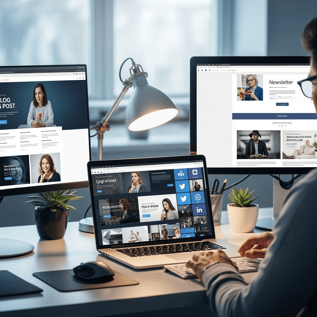 Banner image for: Generate a professional banner image depicting a person working on a laptop, with multiple screens showing a blog post, email newsletter, and various social media platforms.  The ove