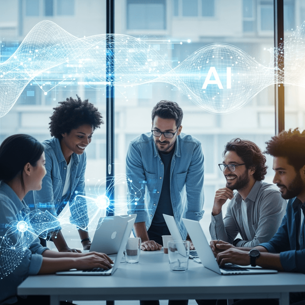 Banner image for: A dynamic, vibrant image depicting a group of diverse startup founders collaboratively working in a modern, tech-enabled office, with abstract glowing AI-themed elements (neural netw