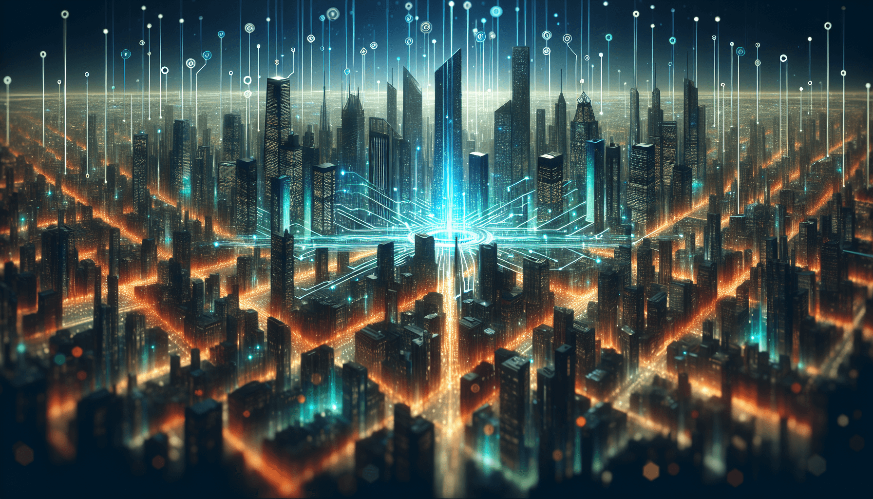 Banner image for: Create a professional banner image showcasing a futuristic cityscape with glowing lines representing data streams connecting to a central sales funnel. The overall tone should be mo