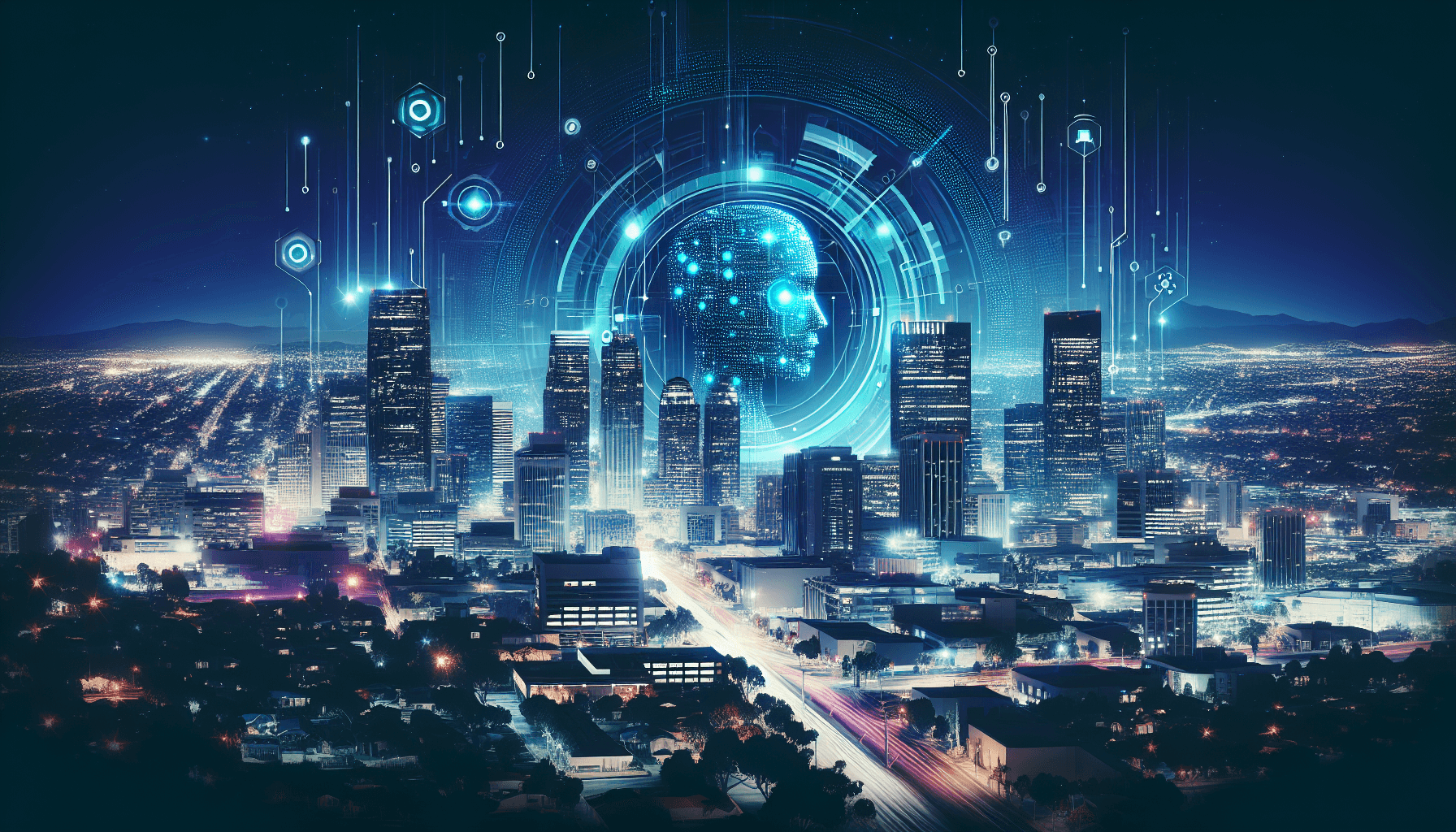 Banner image for: A futuristic, clean and professional image depicting a stylized AI agent interface overlayed on a cityscape at night, showcasing technological advancement and integration into daily